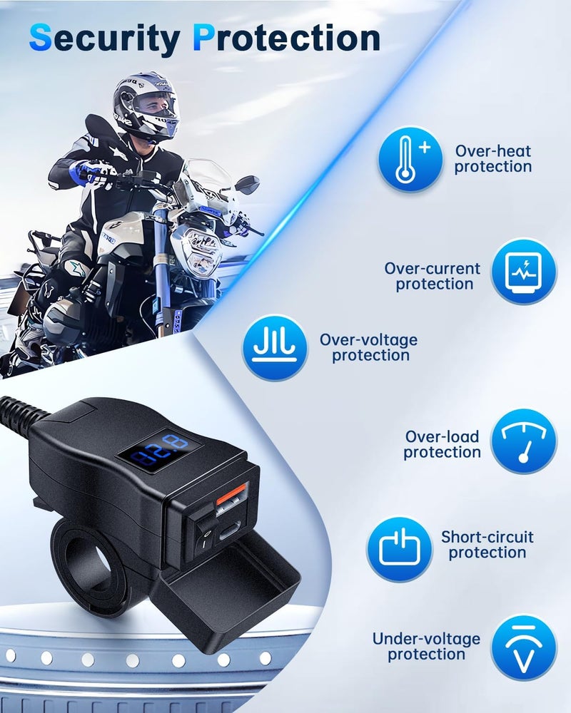 EXTRACTME شاحن USB للدراجات النارية، شاحن هاتف دراجة نارية مزدوج USB نوع C PD وشحن سريع 3.0 مع فولت متر وزر تشغيل/إيقاف، ملحقات دراجات نارية مقاومة للماء لجميع الهواتف، الأجهزة اللوحية، GPS - Image 5